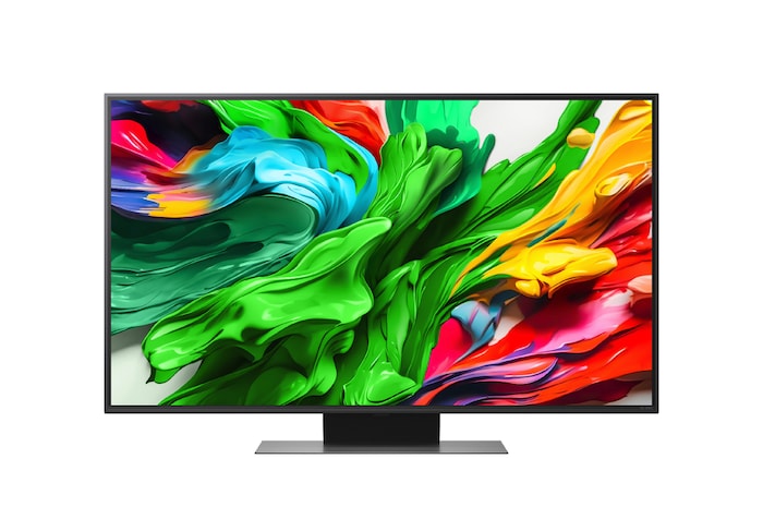 Frontansicht des LG QNED evo TV, LG QNED evo Al Logo in der oberen Ecke. LG QNED evo TV zeigt bunte Paintike-Texturen, die zusammenkommen.